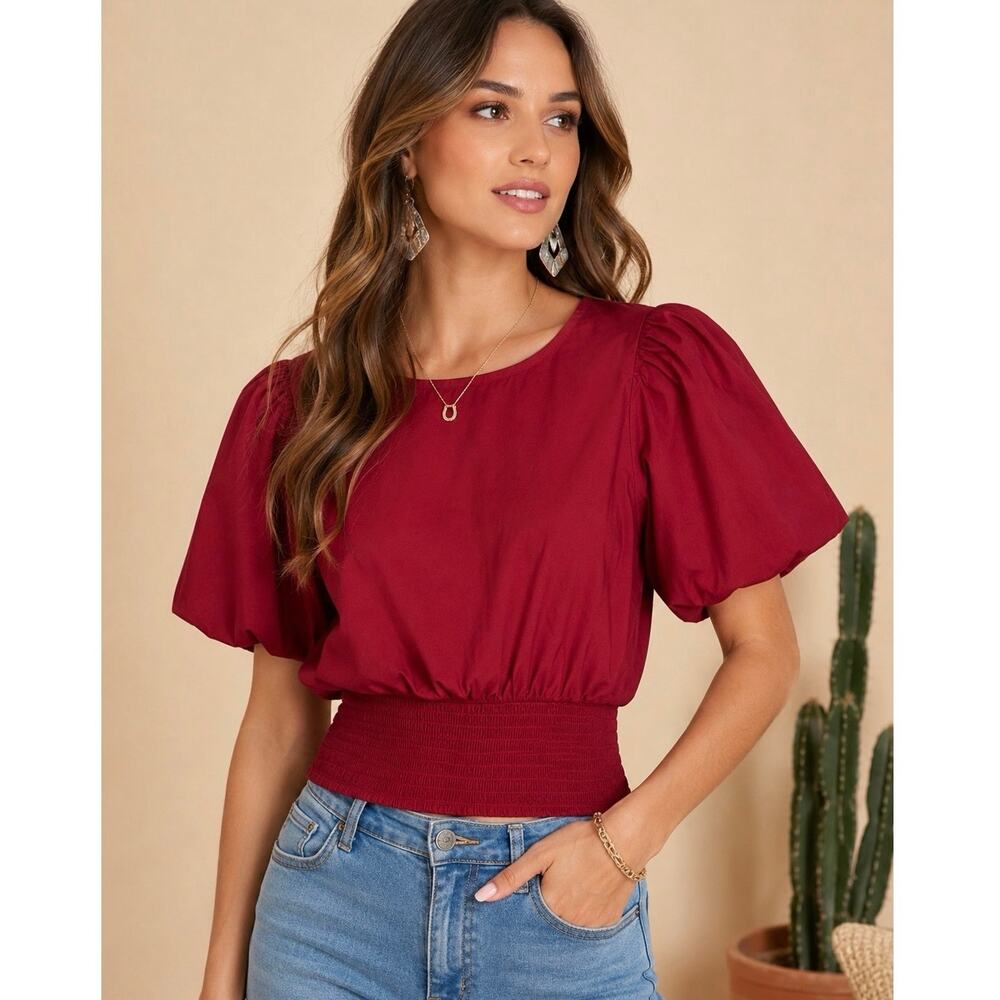 Coco + Jaimeson Sweetheart Puff Sleeve Smocked Crop Top Burgundy Women’s h
M NWT